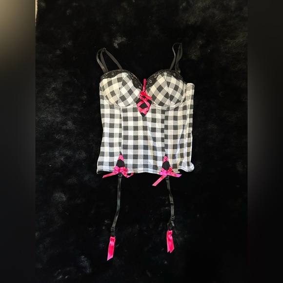 Intimates Black & White Checkered Corset with Pink Ribbon Details - Size 36B - Picture 2 of 9